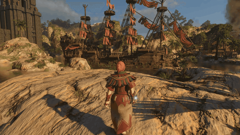 Enshrouded gameplay image showing enemy awareness UI above enemies while the player approaches stealthily