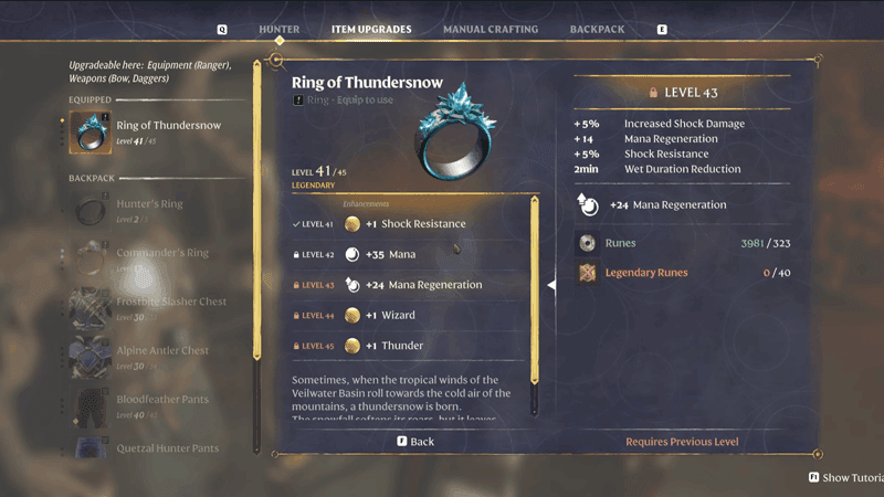 Enshrouded gameplay or UI image showing gear upgrading with runes at a survivor crafting station