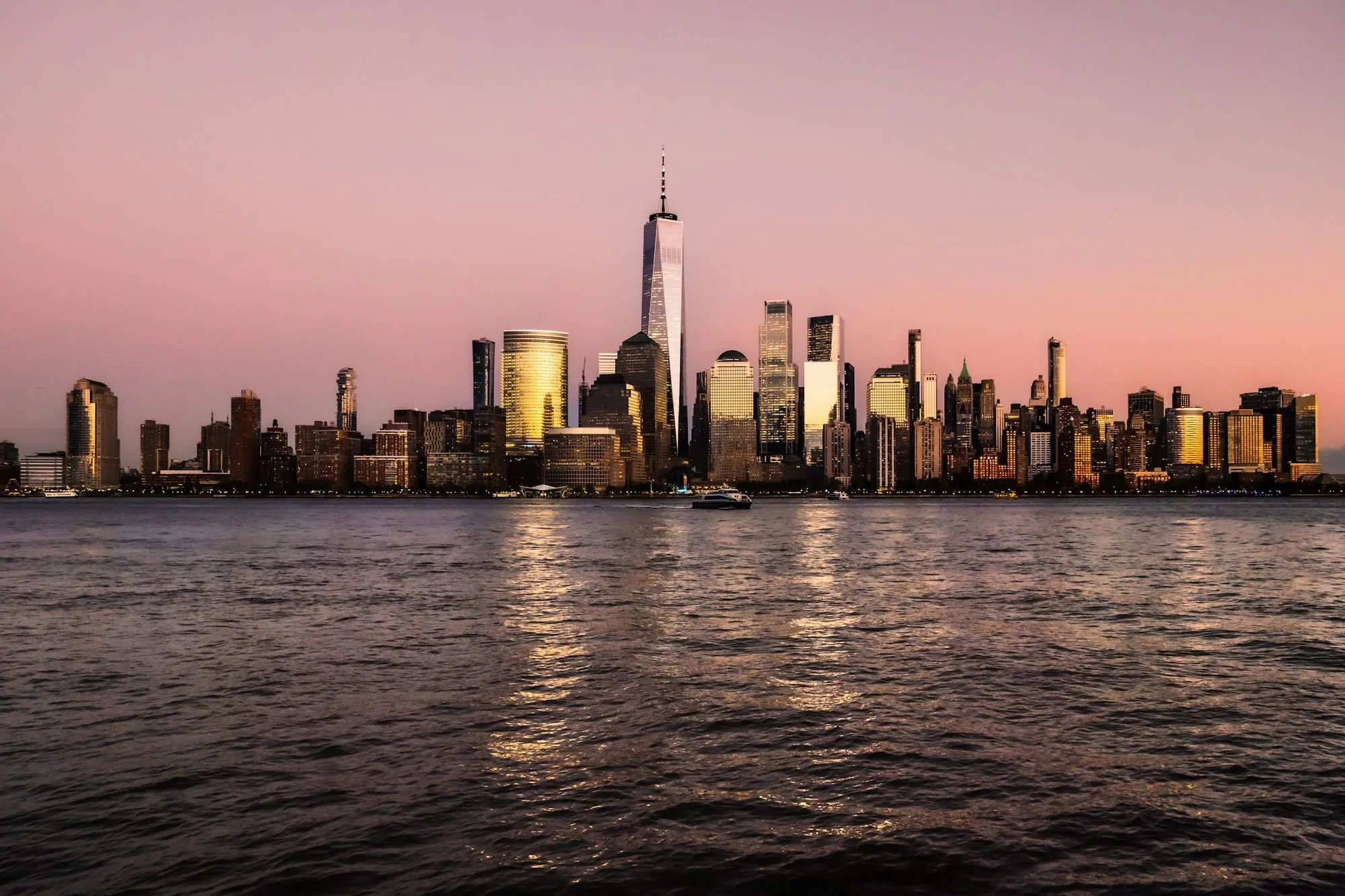 Lower Manhattan skyline from New Jersey at sunset